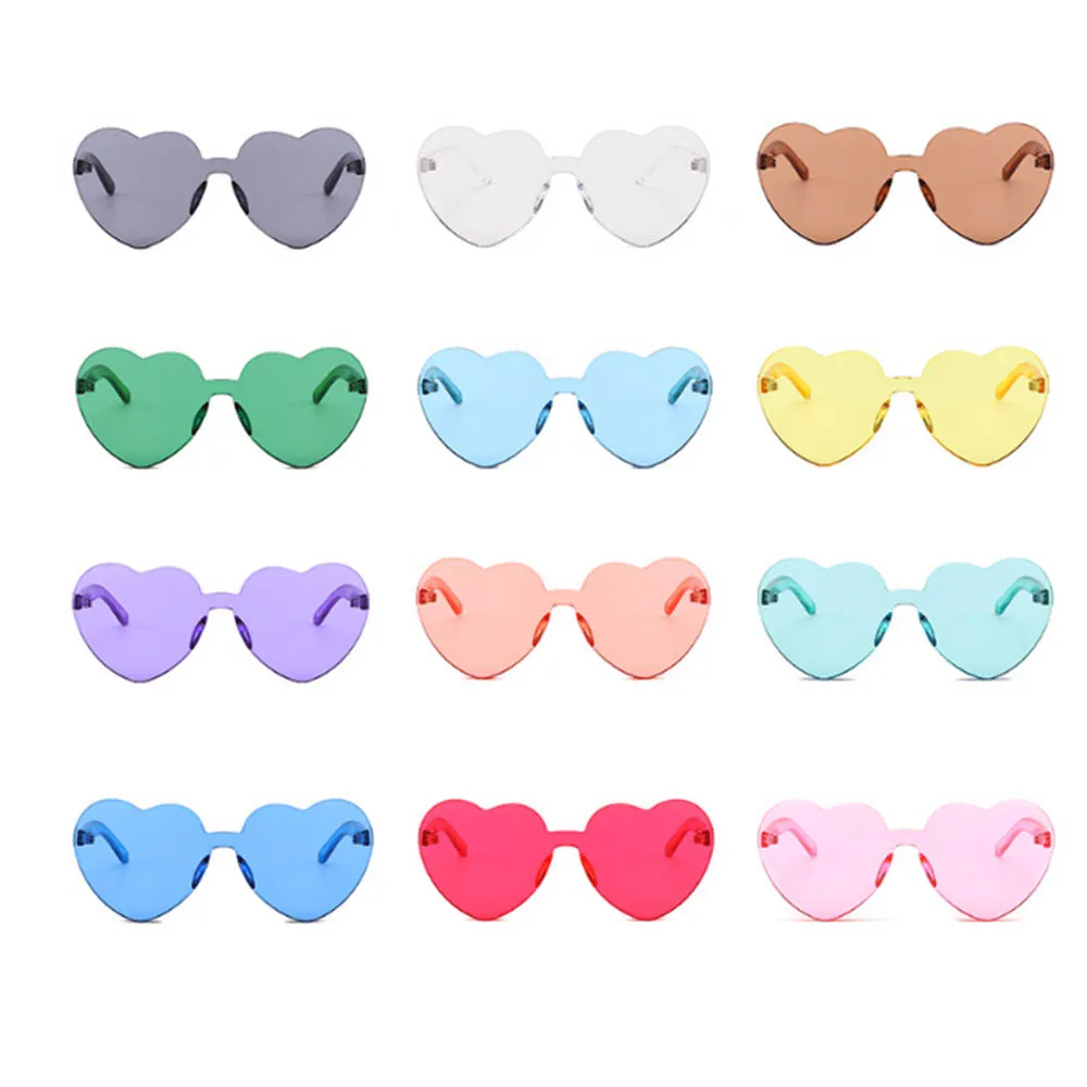 

Love Heart Shape Sunglasses Women Rimless Frame Tint Clear Lens Colorful Sun Glasses Red Pink Yellow Shades Travel Accessories