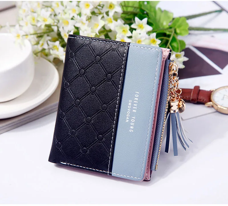 Women Wallet Female Short Paragraph Coin Purse Color Wallet Women Small Fold Wallets Tassel Zipper Button Bag Credit Card Holder (15)