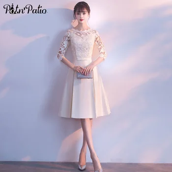 

White Short Evening Dresses With Half Sleeves 2019 New Elegant O-neck Simple Satin Women Evening Gown Plus Size