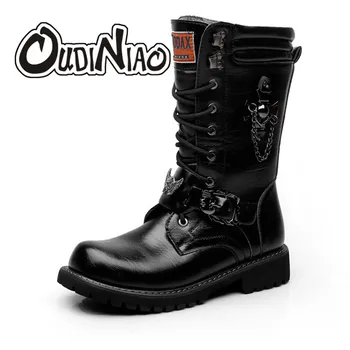 

OUDINIAO Army Boots Men Lace Up Chain High Military Combat Men Boots Metal Buckle Male Motorcycle Punk Boots Men's Shoes Rock