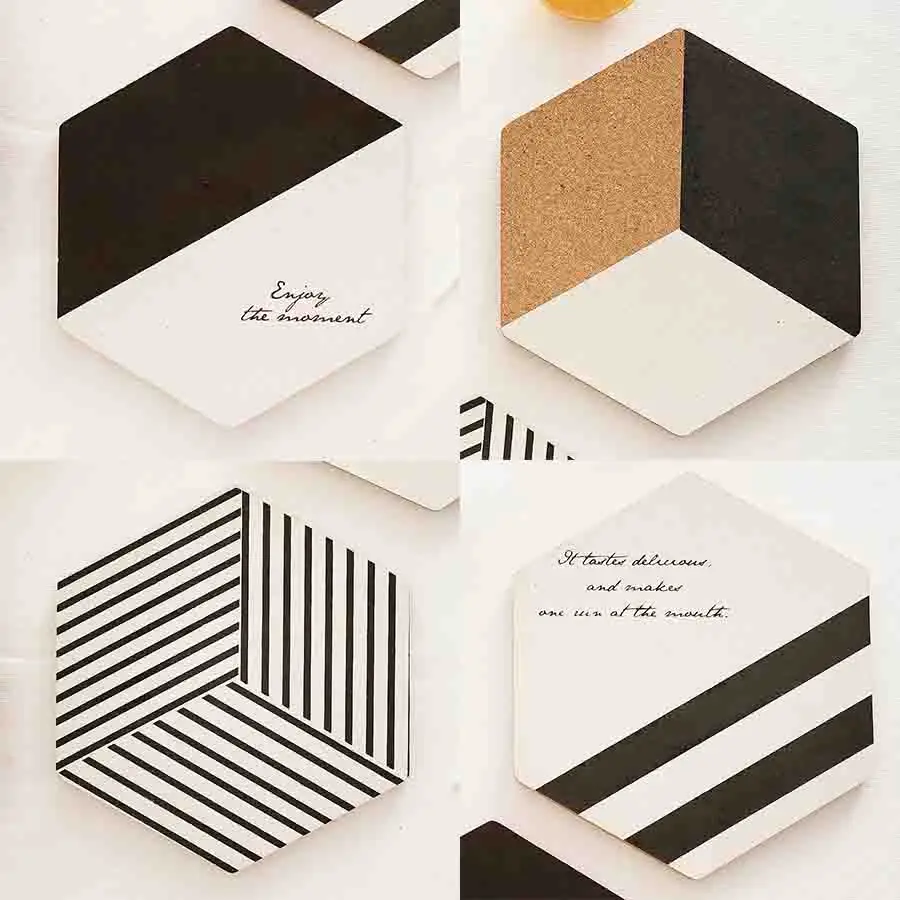 4 قطعة/الوحدة الجدول الوقايات الأسود والأبيض الفلين حصيرة مسدس الإبداعية هندسية Woodiness الجدول المفارش طاولة طعام المفارش 4 قطعة/الوحدة الجدول الوقايات الأسود والأبيض الفلين حصيرة مسدس الإبداعية هندسية Woodiness الجدول المفارش طاولة طعام المفارش