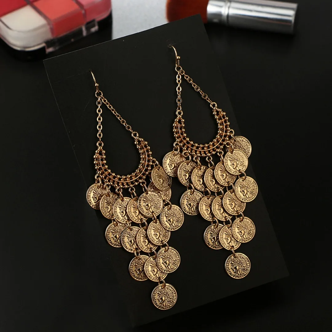 Shellhard Fashion Gold-color Metal Tassel Dangle Earrings Retro Round Multi Disc Long Drop Earring Women Ethnic Indian Jewelry