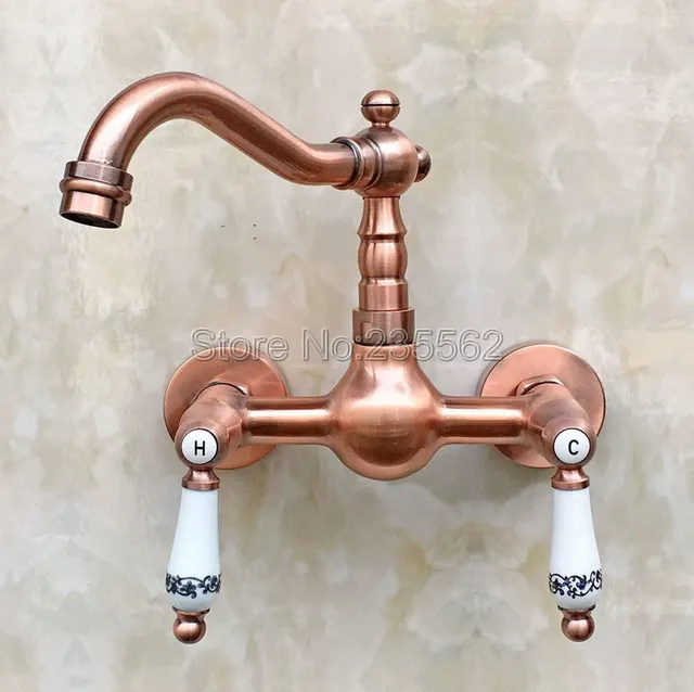 Cheap Red Copper Finish 360 Swivel Spout Kitchen Faucet Wall Mount Sink and Basin Mixer Tap Dual Lever Cold Hot Water Faucets lrg033