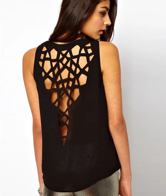 

New 2014 fashion sexy female angel wings T-shirt hollow out flowers round collar cotton T-shirt black holes