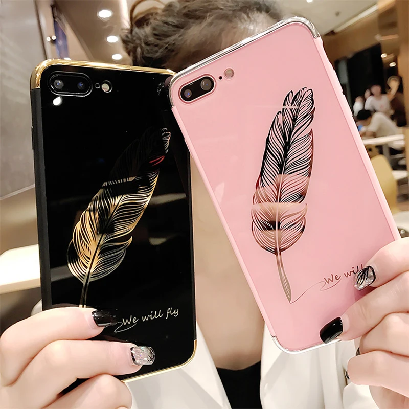 

Luxury Quill pen Drop Mirror Pink soft cover case for iphone 6 6S plus 7 7plus 8 8plus X 10 Fashion feathers phone cases funda