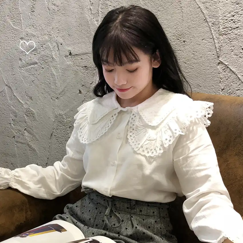 甘い人形レースの襟ブラウス女性かわいいトップス長袖綿白シャツ耳刺繍レースステッチ ブラウス シャツ Aliexpress