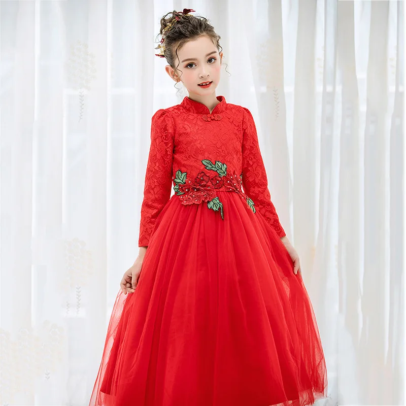 

2017 High-end Flower Girls Dresses For Wedding Embroidered Formal Princess Girl Birthday Party Red Dress Kids Vestido 5-10Y