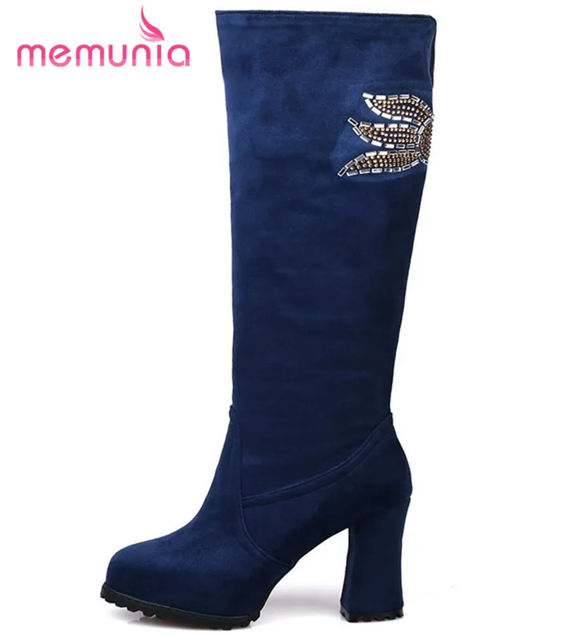 

2017 new arrive fashion knee high boots flock leather thick high heels boots women round toe three colors women