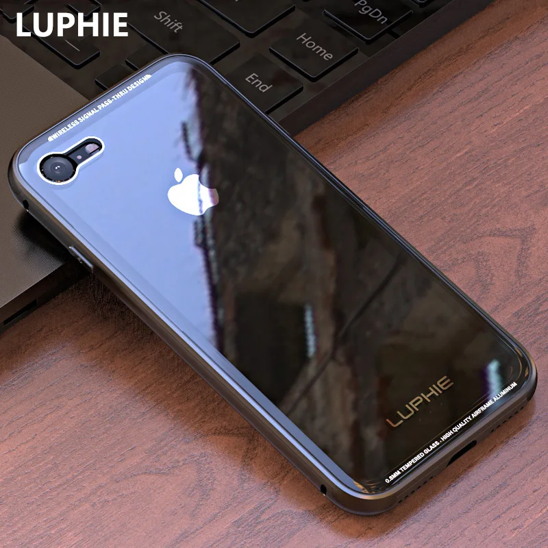Goedkoop LUPHIE Voor iPhone 7 Case Cover Luxe Hard Metal Aluminium Frame transparante 9 H Gehard Glas Achterkant Telefoon Case voor iPhone 8