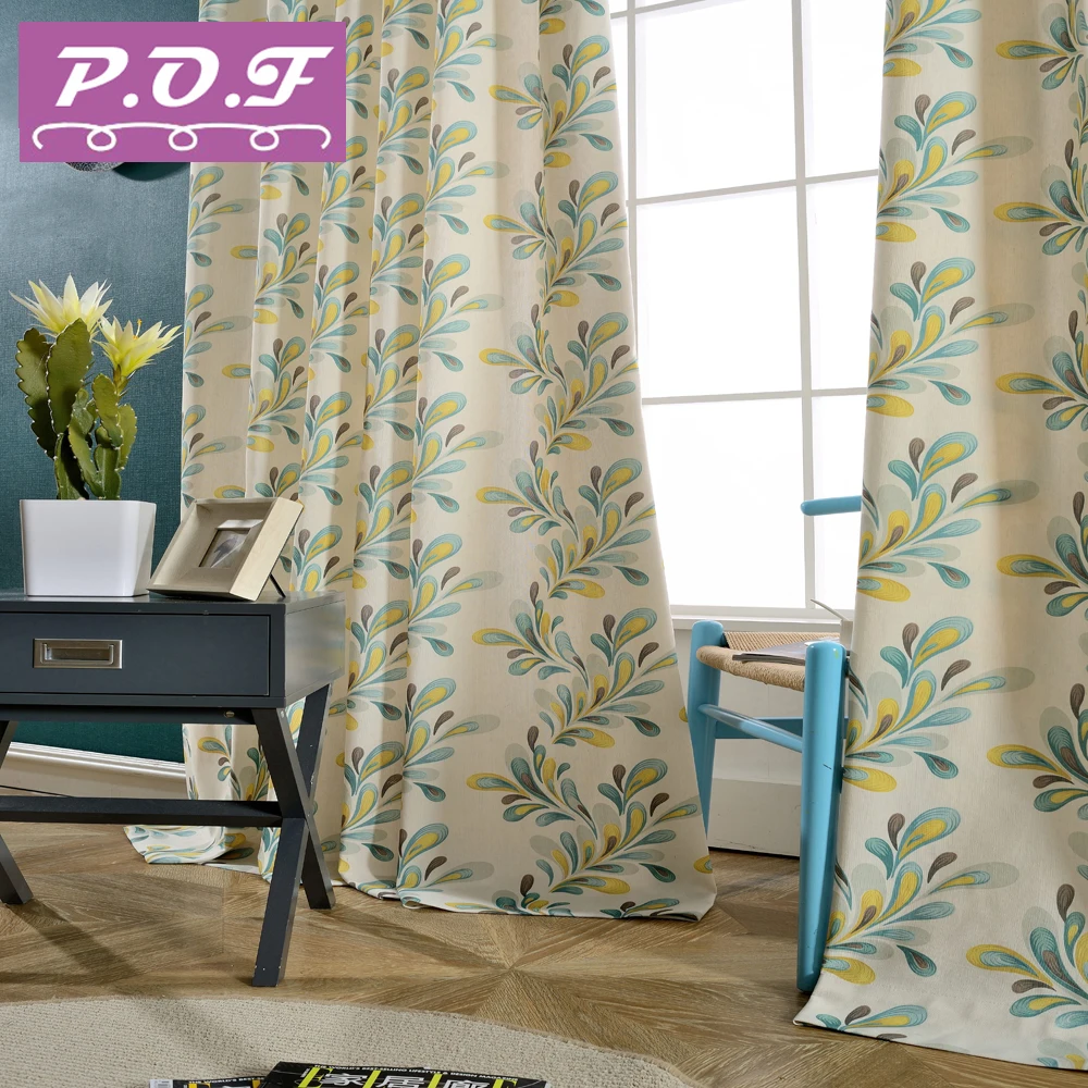 

P.O.F Curtain for living room or bedroom spring printed freen leaf modern design polyester cotton accept customization