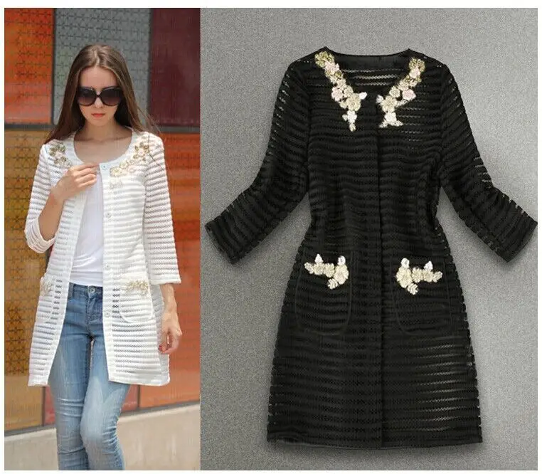 incredible 2018 Autumn Women's Long Coats Fashion Long Sleeve Beaded Hollow Out Embroidery Tops Striped Ladies