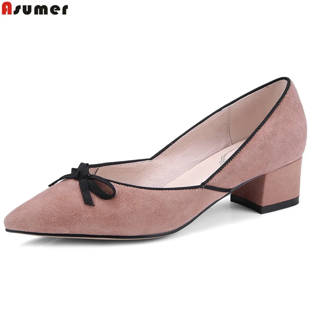 

ASUMER black pink fashion pointed toe shallow casual ladies pumps spring auutmn new women suede leather med heels shoes