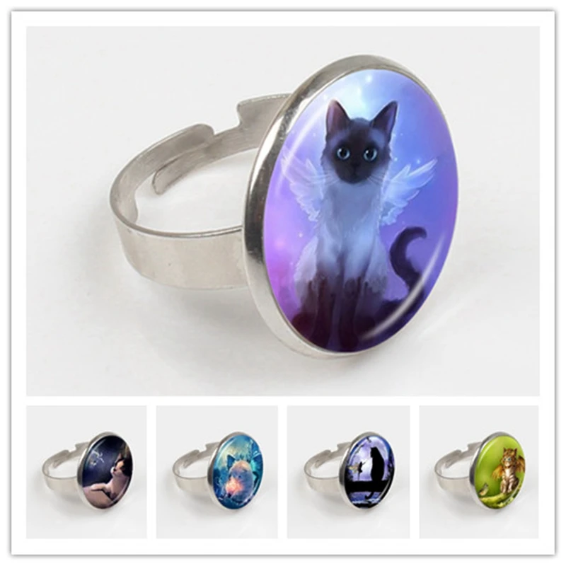 

Cute Grey Fairy Cat Photo Ring Angel Wing Cat Ring Kitten Jewelry Animal Sweater Ring Glass Dome Jewellery