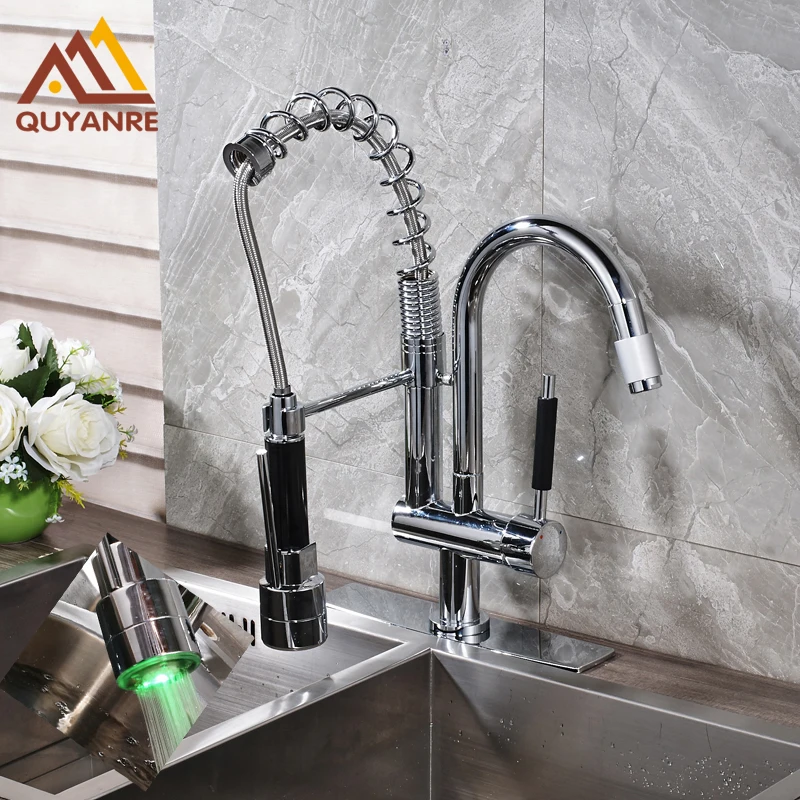 Chrome Polish Kitchen Mixer Tap Dual Water Outlet Spring Tap Led Sprayer Deck Mounted Sink