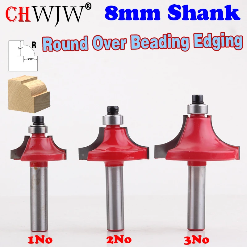 

3PC 8mm Shank Round Over Beading Edging Router Bit - 1/4",3/8",1/2" Radius Straight end mill trimmer cleaning flush trim