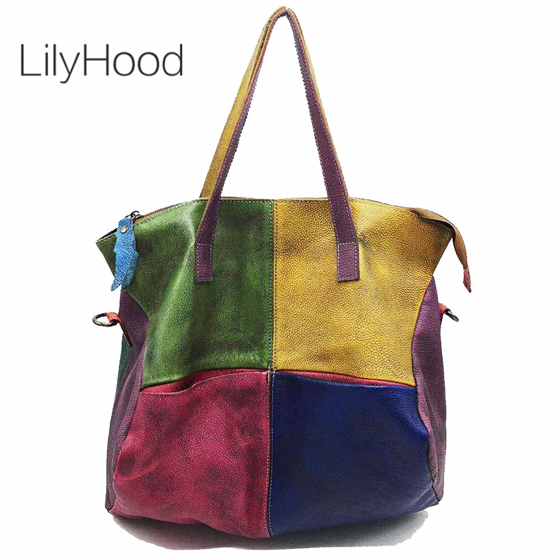 Patchwork Genuine Leather Bag Lady Vintage Retro Chic Big Capacity Handbag 2019 Fashion Designer Luxury Crossbody Bag for Women