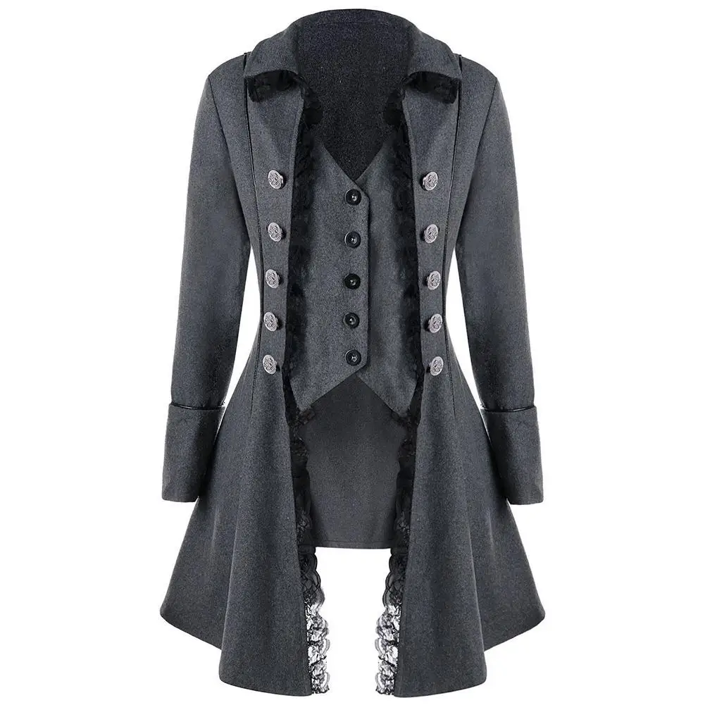 

Women Lace Trim Button Up Solid Color Irregular Long Sleeve Medieval Tailcoat