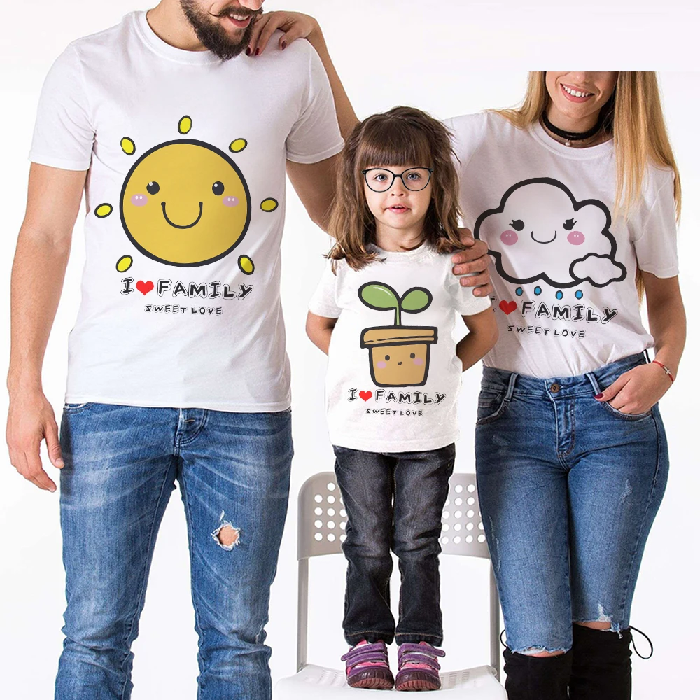 Family Look Matching Outfits Short Sleeve Tshirt Cartoon Design Sun Cloud Flower Print Father Mother Daughter Son Cotton Clothes
