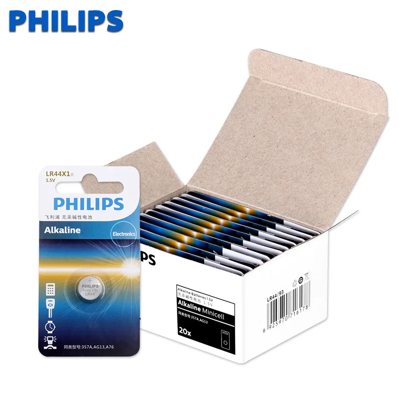 Philips 20 шт. AG13 LR44 LR1154 SR44 A76 357A 303 357 батарейный блок 1 55 в кнопочные Аккумуляторы для