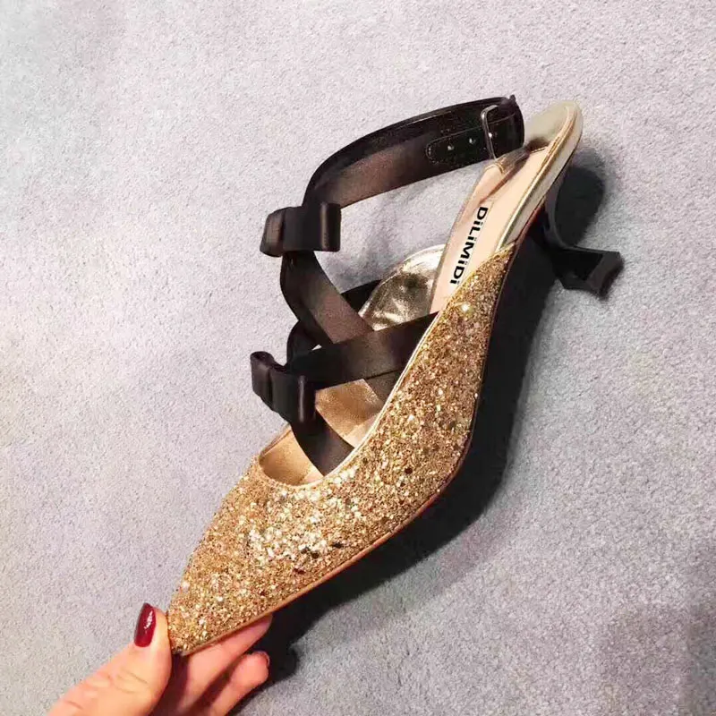 

2018 women spring summer gold sequined with strap bow tie sandals female sharp pointed toe hoof heels shallow lace up sandals