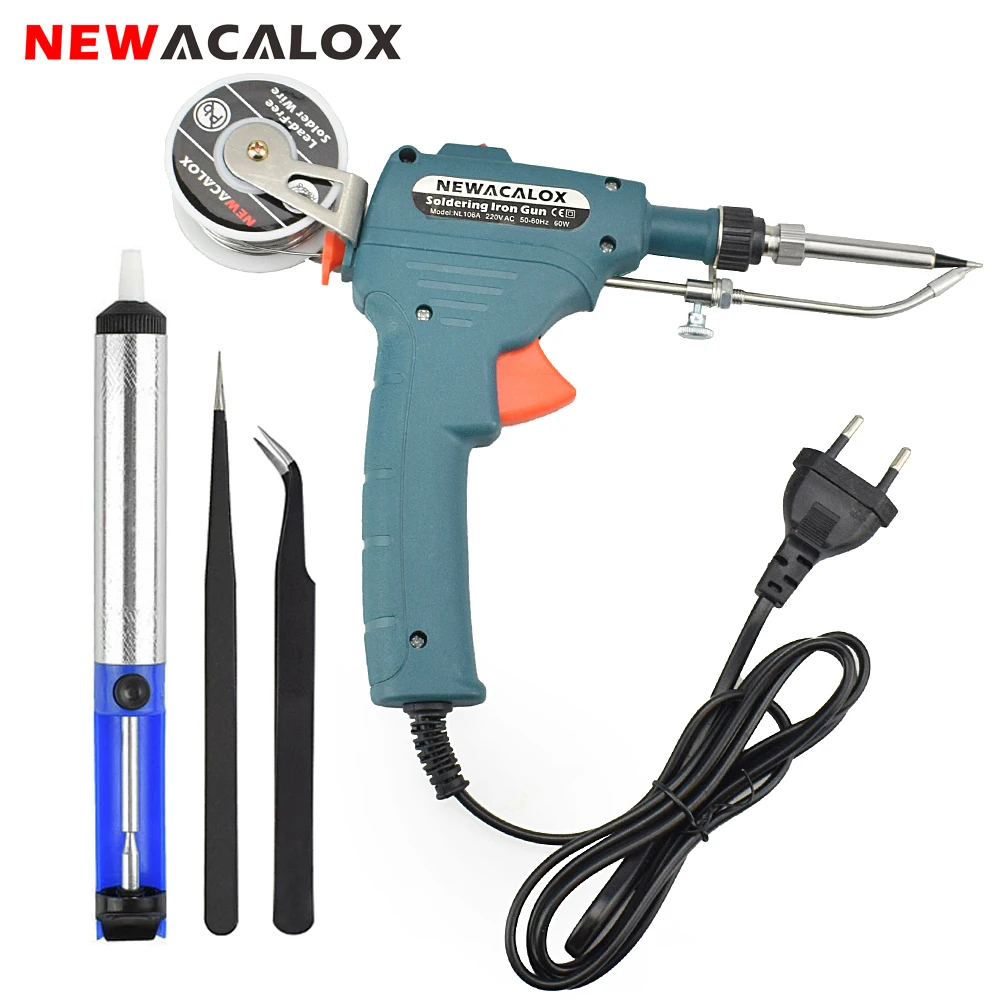 NEWACALOX Automatic Send Tin Electrical Soldering Iron Gun Welding Tool with Tin Wire Desoldering Pump EU 220V 60W Repair Tools