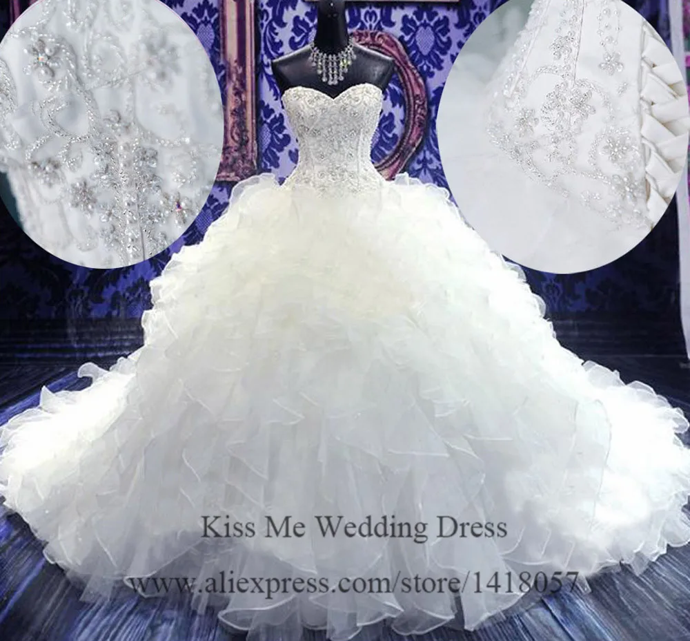 

Real Sample Gorgeous Royal 2015 Wedding Dresses Crystal Organza Ruffles Chapel Train Bridal Dress Ball Gown Corset Back H660