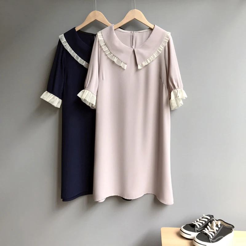 

Women's dress 2019 summer new women's doll collar solid color blue pink casual lace stitching dress