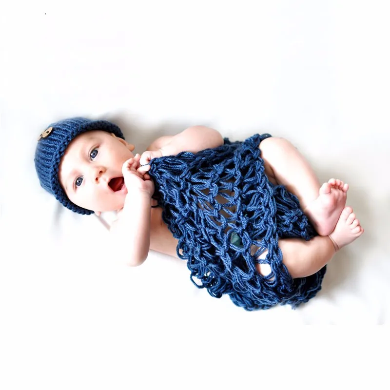Crochet-newborn-baby-costume-photography-props-blue-button-beanies-blanket-handmade-knit-0-3month-baby-photo (4)