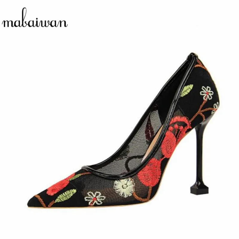 

Mabaiwan 2019 New Wonen Fashion Office Mesh Embroider Shoes Woman Sexy Thin High Heels Wedding Shoes Party Female Shallow Pumps