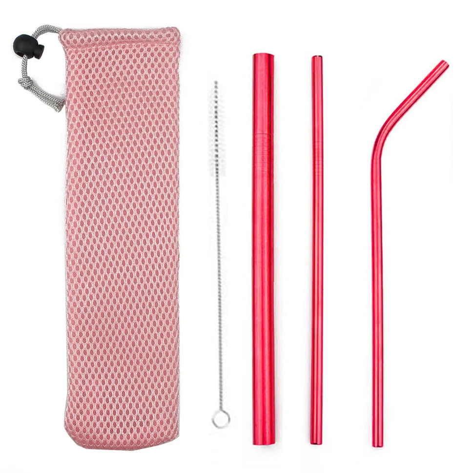 Red 5Pcs Bubble Tea Stainless Steel Straw Reusable Drinking Straws Set Curved Metal Straws Bag with Brush For Smoothies Juice Tea - Цвет: Red