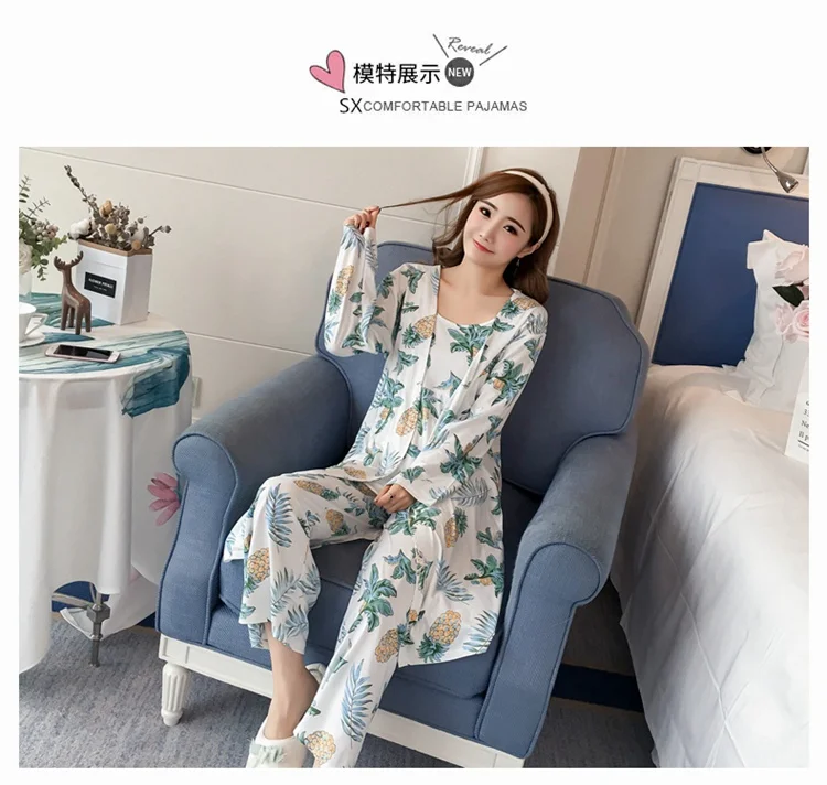 cute pajamas for women 2021 Autumn 3PCS Sexy Long Sleeve Robes Pajama Sets for Women Print Sleepwear Homewear Pijama Mujer Home Clothes Three Piece Set cute pjs