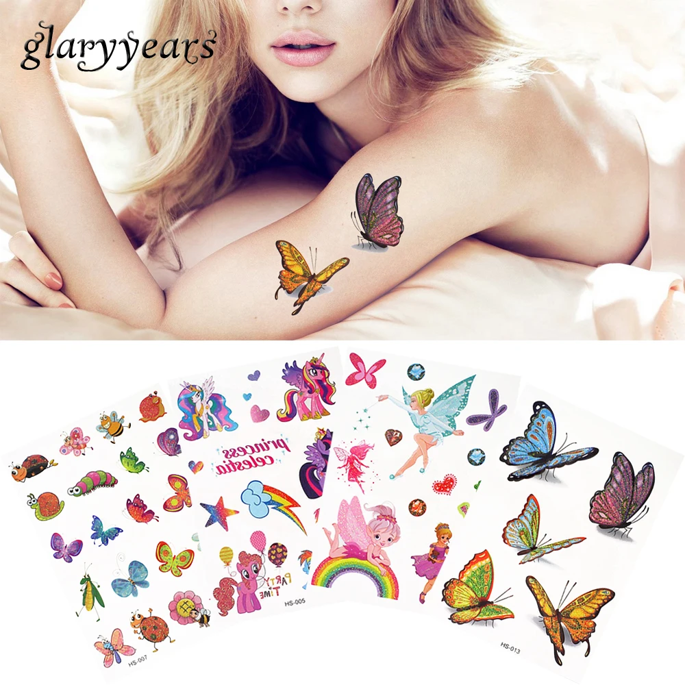 

5 Pieces/lot Flash Glitter Cartoon Child Temporary Tattoo Colorful Butterfly Lovely Birds Pattern Back Thigh Body Tattoo Sticker