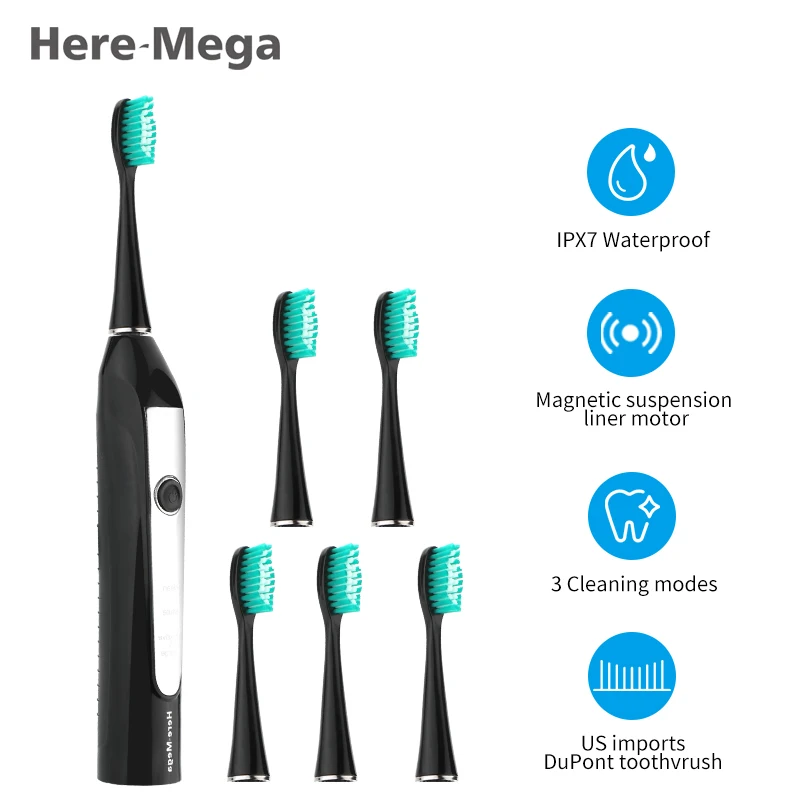 

HERE-MEGA Selling Electric Toothbrush Induction Charge Sonic Tooth Brush Electric Waterproof Deep Clean 606 Black