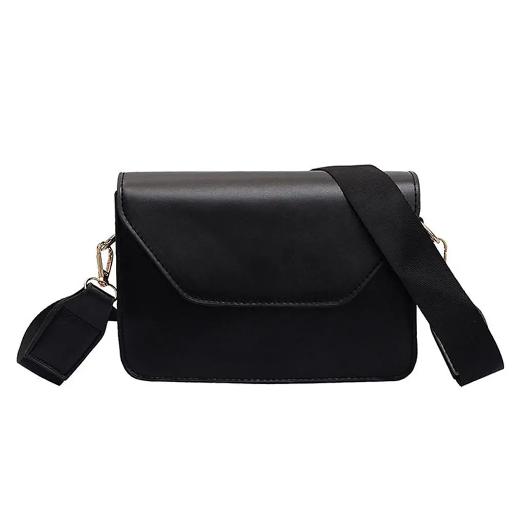 

Solid Color Wide Strap Square Faux Leather Flap Women's Crossbody Shoulder Bag