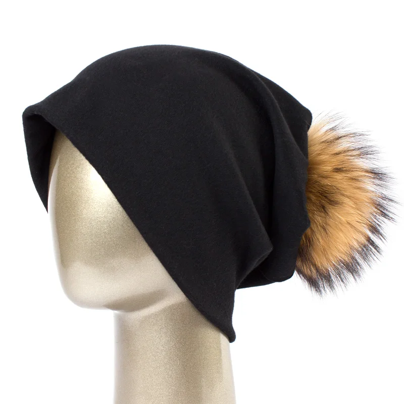 Geebro, женская шапка бини с помпоном, весенние хлопковые шапки бини с помпоном из меха енота, шапки-Балаклавы Skullies для девочек, JS294 - Цвет: Black A