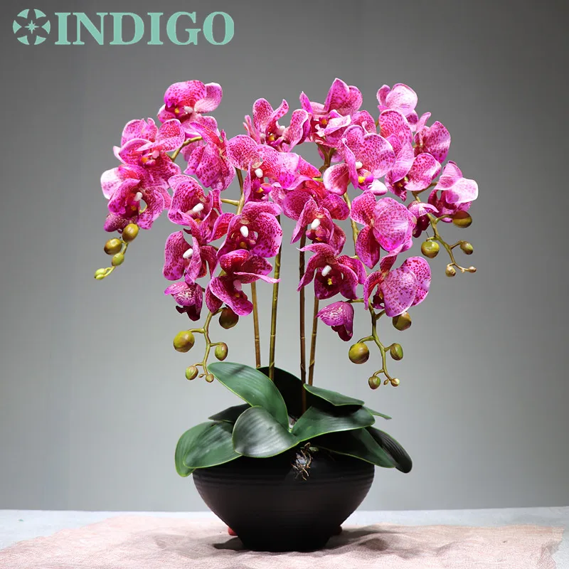 Индиго-цветок орхидей Аранжировка(4 шт цветок+ 3 шт. Лист) реальный сенсорный стол Свадебная вечеринка Цветок декоративное мероприятие