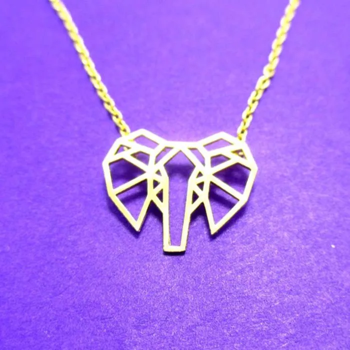 AFRICAN ELEPHANT FACE OUTLINE SHAPED PENDANT NECKLACE IN GOLD