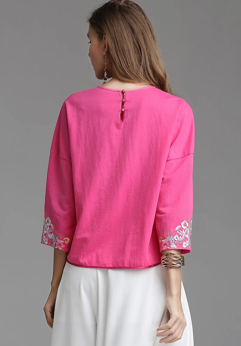 M Rouge Moulin Déplacements Embro Mince Broderie Gamme Bleu De Printemps rouge Florale Femmes Chemise Littéraire Top Et Rose Haut xl marine Rose Blouse Dame HrwdP8wxqf