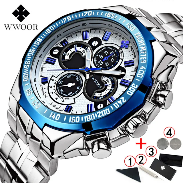 Relogio Masculino мужские часы Топ бренд класса люкс Большие мужские часы из нержавеющей стали спортивные деловые мужские наручные часы - Цвет: blue add box