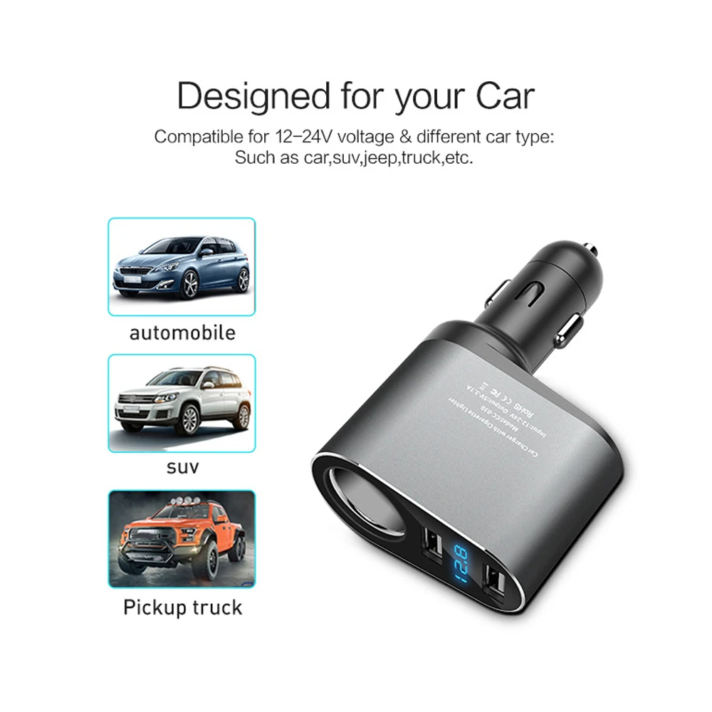 

Universal LED Dual USB Charger Digital Display Car Charger & Extended Port 5V/3.1A 15.5W