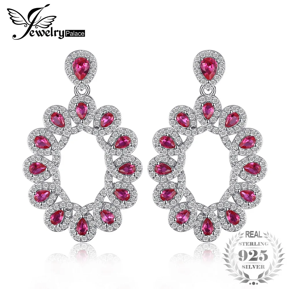 

JewelryPalace Luxury 7.32ct Created Rubies Cluster Drop Earrings 925 Sterling Silver Fashion Wedding Brand Jewerly For Women