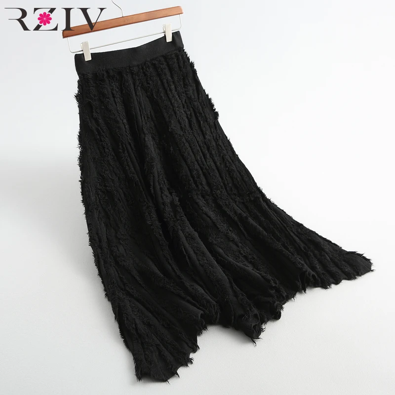 RZIV осенне-зимняя женская элегантная юбка трапециевидной формы с бахромой и перьями, однотонная трикотажная юбка-зонтик