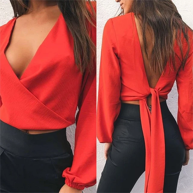 2018 Spring Summer White Red Women Blouses Sexy V neck Backless Chiffon Blouse Casual Long Ladies Tops Shirts _ - AliExpress Mobile