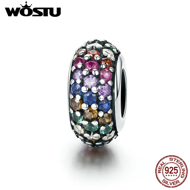 WOSTU Authentic 925 Sterling Silver Colorful Cubic Zircon Pave Rainbow Spacer Beads For Women Original Charm Bracelet DXC583