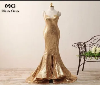 

Elegant Gold Mermaid Evening Dresses Long with Sequined Satin Spaghetti Straps Formal Evening Party Dress for Women