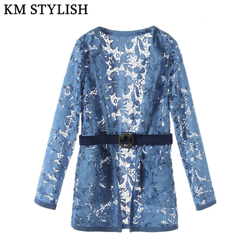 2019 Early Spring Lady New Blue Long Sleeve Openwork Lace Cardigan Trench Temperament Women Medium Long Sleeve Trench With Belt 2019 Early Spring Lady New Blue Long Sleeve Openwork Lace Cardigan Trench Temperament Women Medium Long Sleeve Trench With Belt