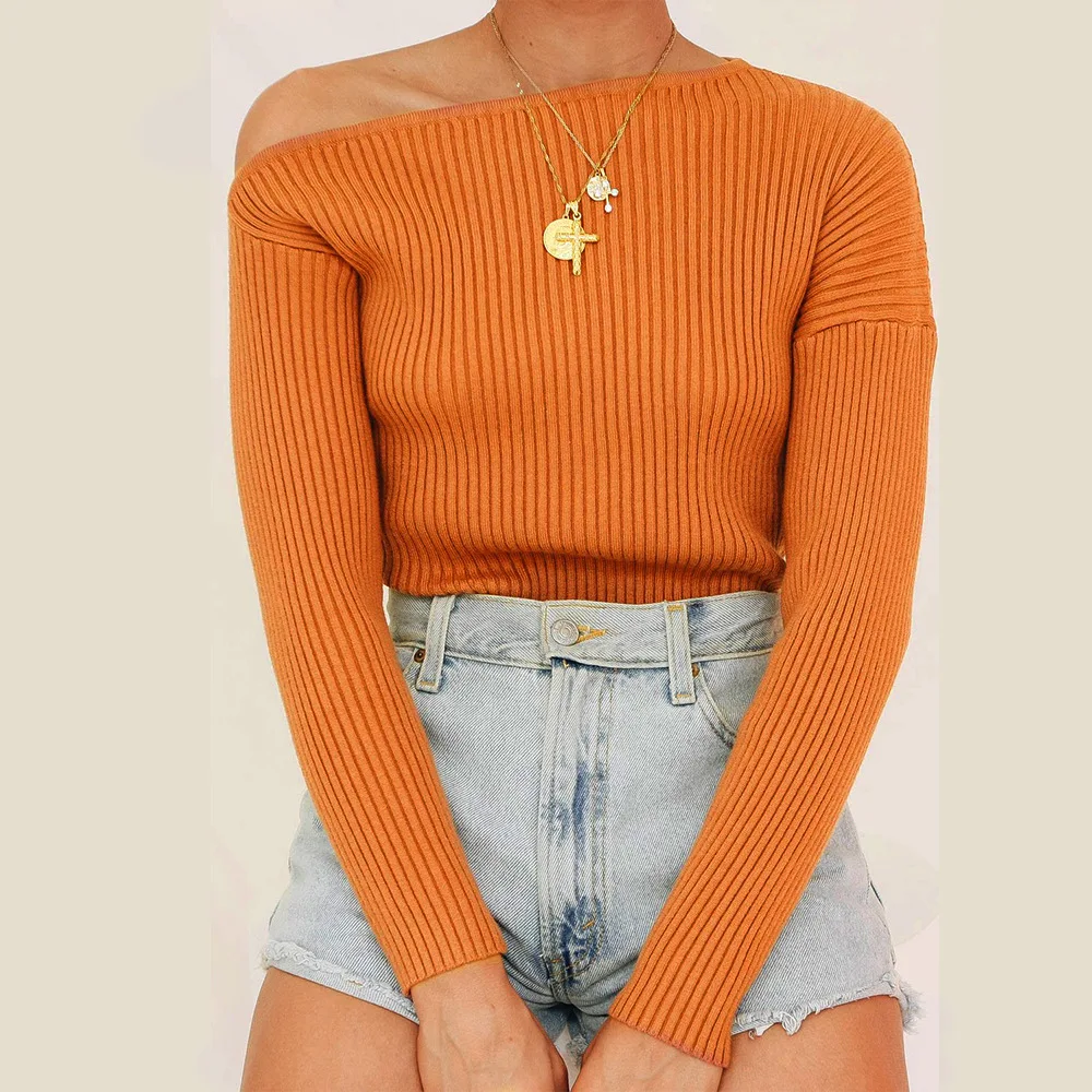 

2019 New Autumn Solid Color One shoulder Thread Slim Knitting Shirts Body Sexy Long Sleeve pullover For Women's Knitted Sweater