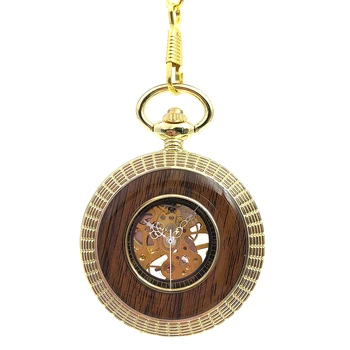 

Golden Tone Wood Circle Hollow Case Roman Number Dial Hand Wind Mens Mechanical Pocket Watch w/Chain Fob Watch Reloj De Bolsillo