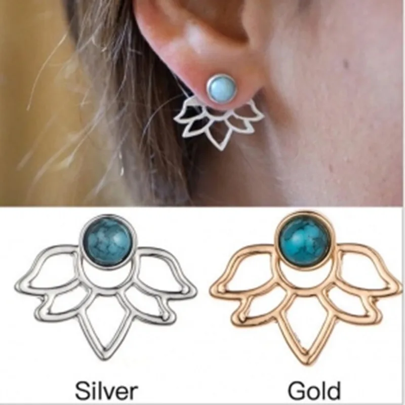 

2018 New Personality Unique Retro Green Stone Lotus Petal Hollow Leaf Earrings Boucle D'oreille Femme Earrings For Women Brincos