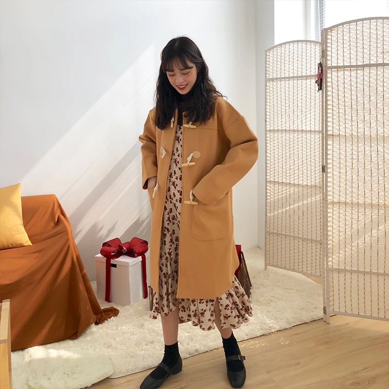 

2 colors Women winter korean style long wool Coat Female solid color single breasted woolen coat and jacket womens (X146)